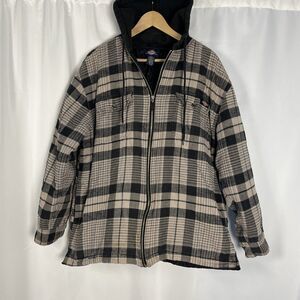 Dickies Authentic Gray Black Plaid Quilted Hooded Jacket Flannel Mens SZ L Flaws